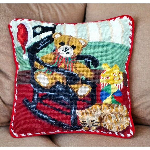 Christmas Needlepoint Throw Pillow Teddy Bear Cat VTG Red Velvet Rocking Chair - Picture 1 of 7